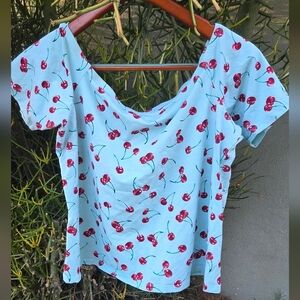 Retro Chic Cherry Patterned Sky Blue Top